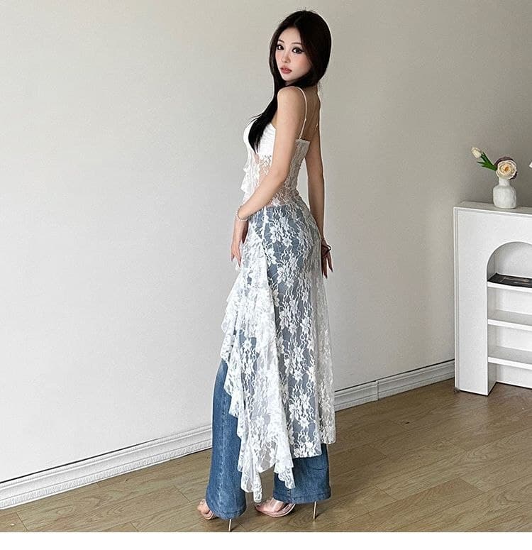 Dress Renda Transparan Wanita | Mini Dress Tali Asimetris Slim Fit | Korean Chic Style Kekinian