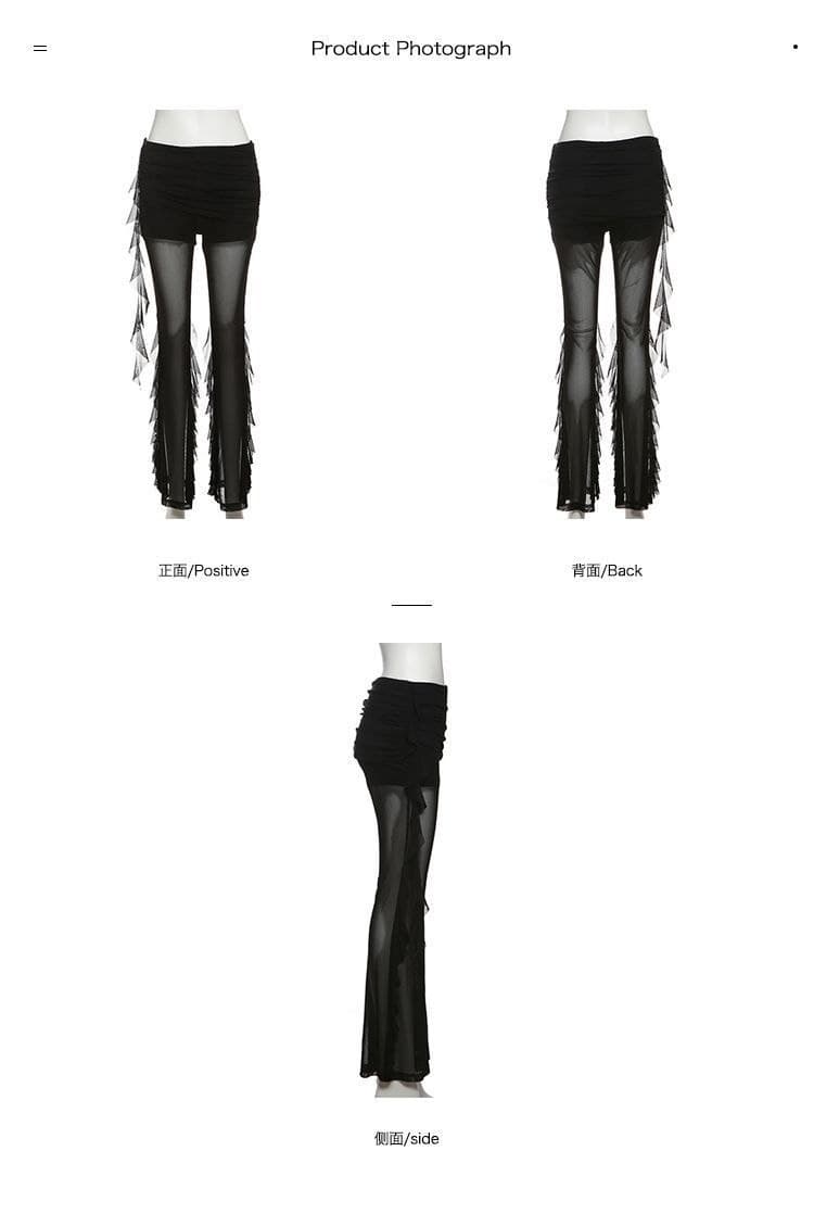 Celana Mesh Ruffle Wanita High Waist | Celana Panjang Ruched Slim Fit | Korean Chic Style Kekinian