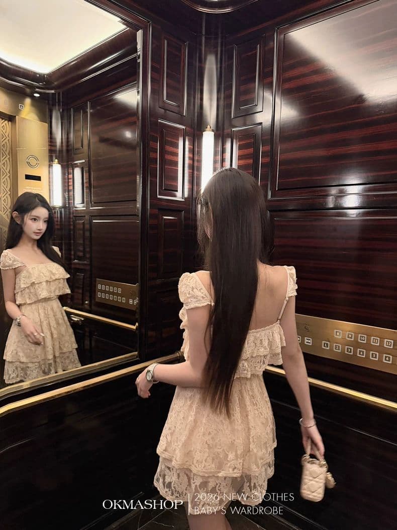 Dress Renda Tali Wanita French Style | Mini Dress Elegan High Class | Dress Korean Princess Kekinian