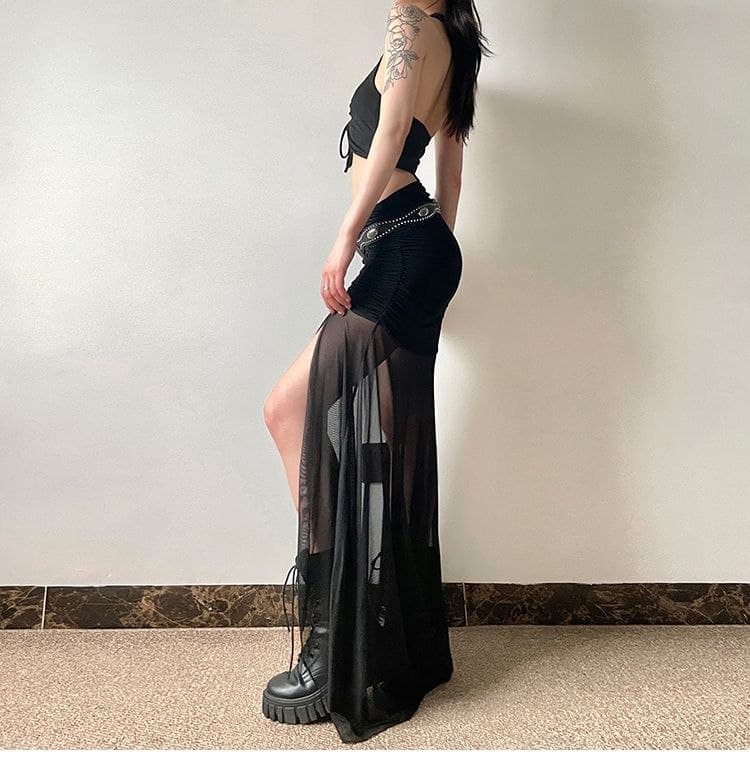 Rok Panjang Mesh Wanita Vintage | Rok High Waist Ruched Belahan Samping | Korean Chic Style Elegan