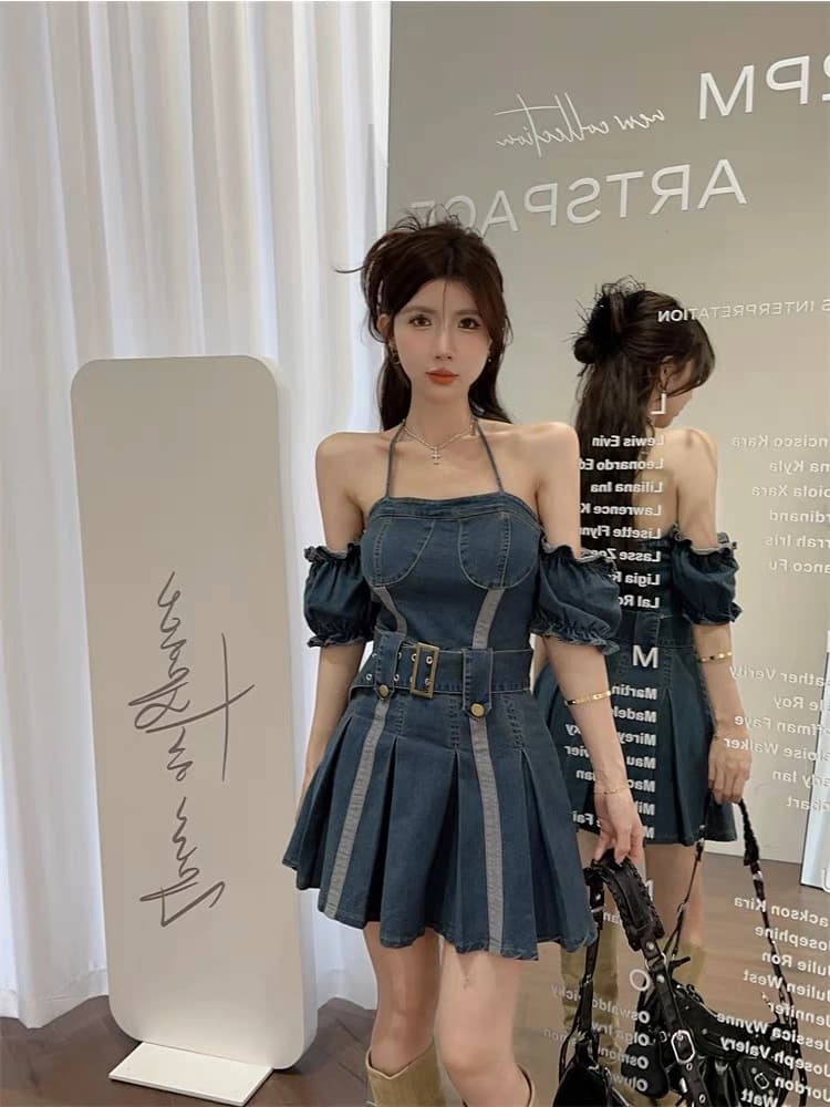 Dress Denim Sabrina Wanita | Mini Dress Puff Sleeve Slim Fit | Dress Vintage Korean Style Kekinian