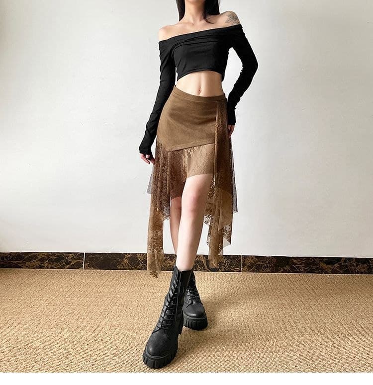 Rok High Waist Renda Vintage Wanita | Rok Asimetris Mermaid Slim Fit | Korean Chic Style Elegan