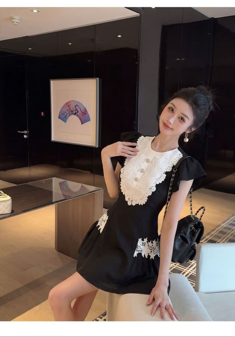 Dress Renda French Style Wanita | Mini Dress High Waist Aksen Diamond | Korean Classy Elegan