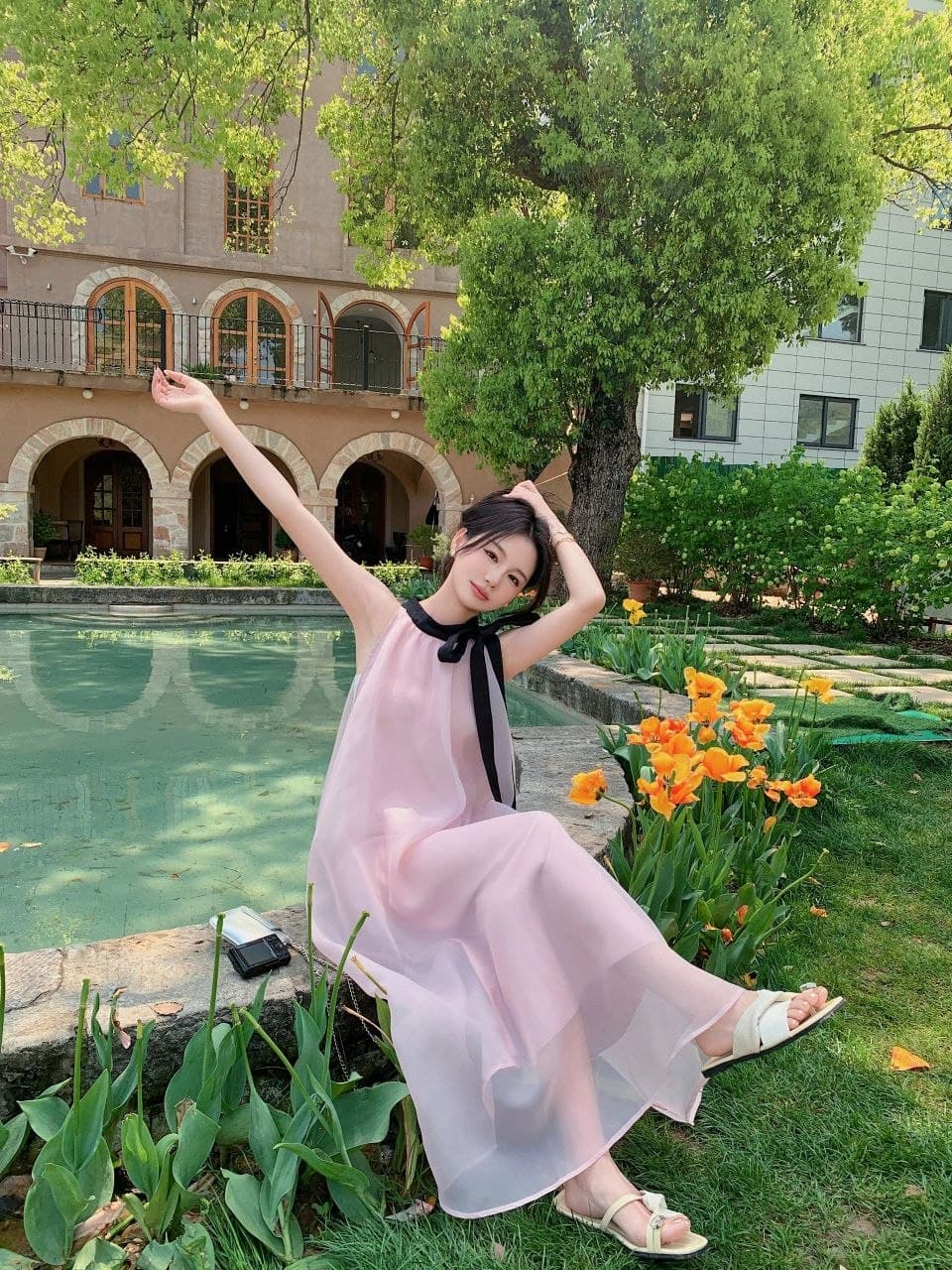 Dress Panjang Wanita Pink Gaya Prancis, Halter Tanpa Lengan, Model Slim Fit, Cocok untuk Liburan Pantai Musim Semi-Musim Panas