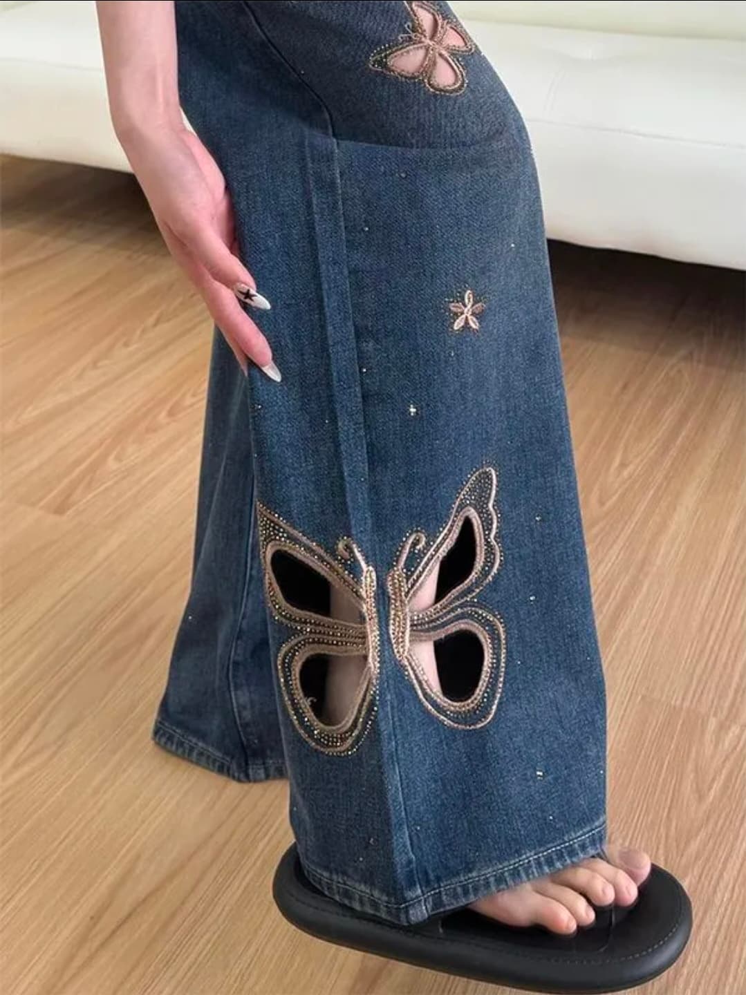 Celana Jeans Wanita High Waist Vintage | Straight Leg Denim Motif Kupu-Kupu | Celana Jeans Slim Fit Korean Style