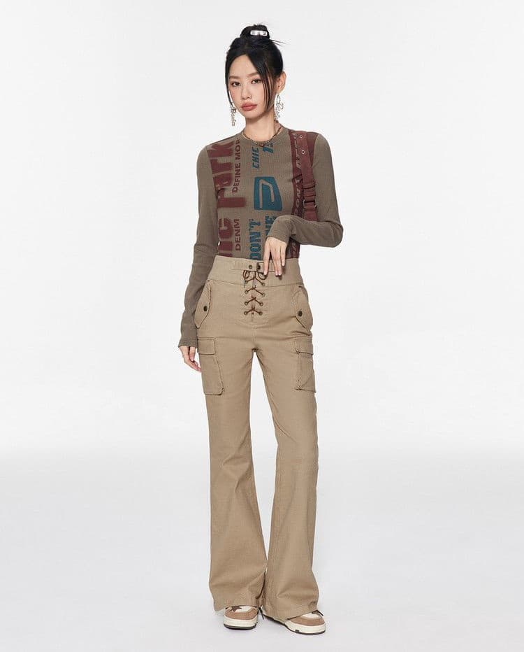 Celana Cargo Flare Wanita High Waist | Celana Slim Fit Tali Pinggang | Cargo Pants Korean Style Kekinian