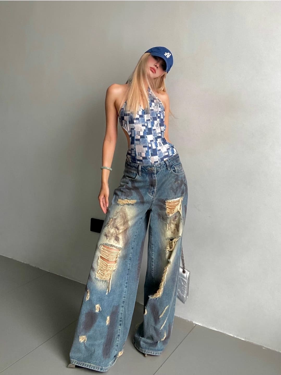 Celana Jeans Wide Leg Wanita High Waist | Denim Vintage Distressed Panjang | Celana Baggy Korean Style