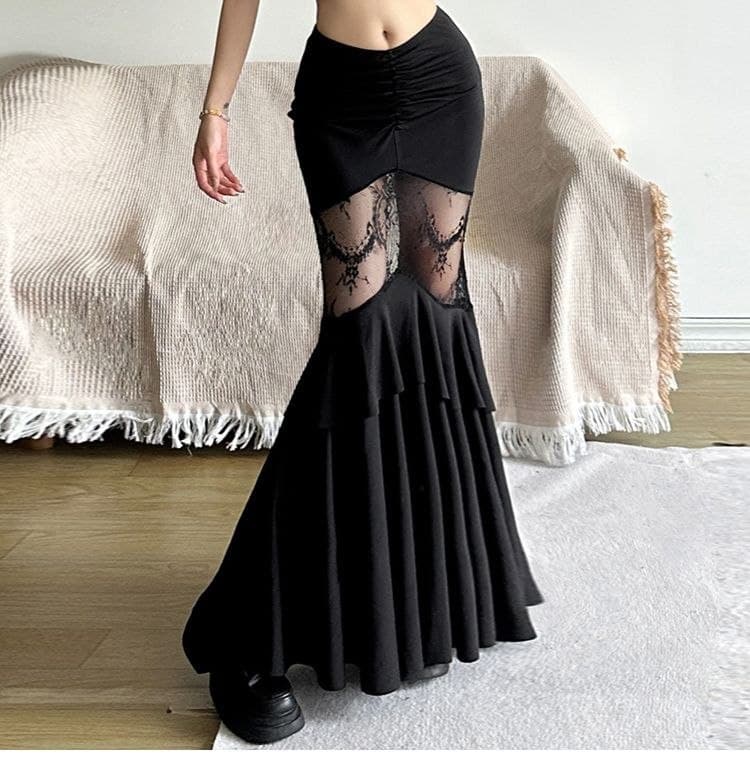 Rok Mermaid Renda Wanita High Waist | Rok Panjang Bodycon Lace Patchwork | Dark Korean Chic Style