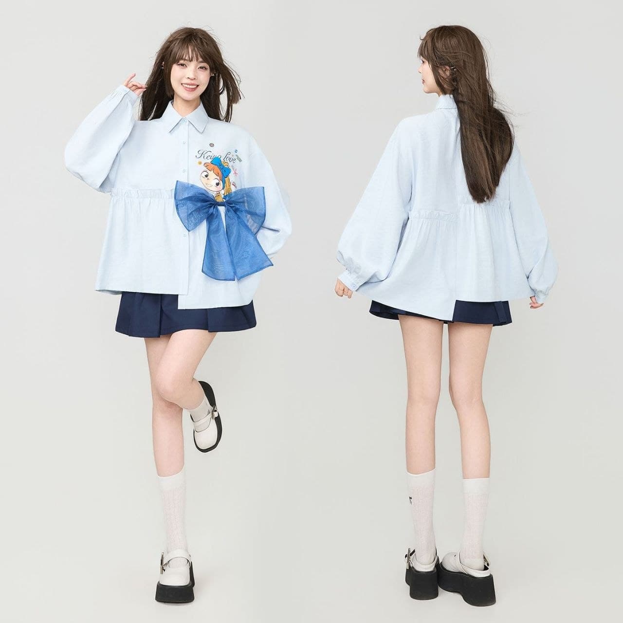 Kemeja Wanita Biru Lengan Panjang Gaya Korean Soft Girl – Atasan dengan Pita Ribbon & Detail Patchwork, Casual Elegan, Cocok untuk Musim Semi & Panas