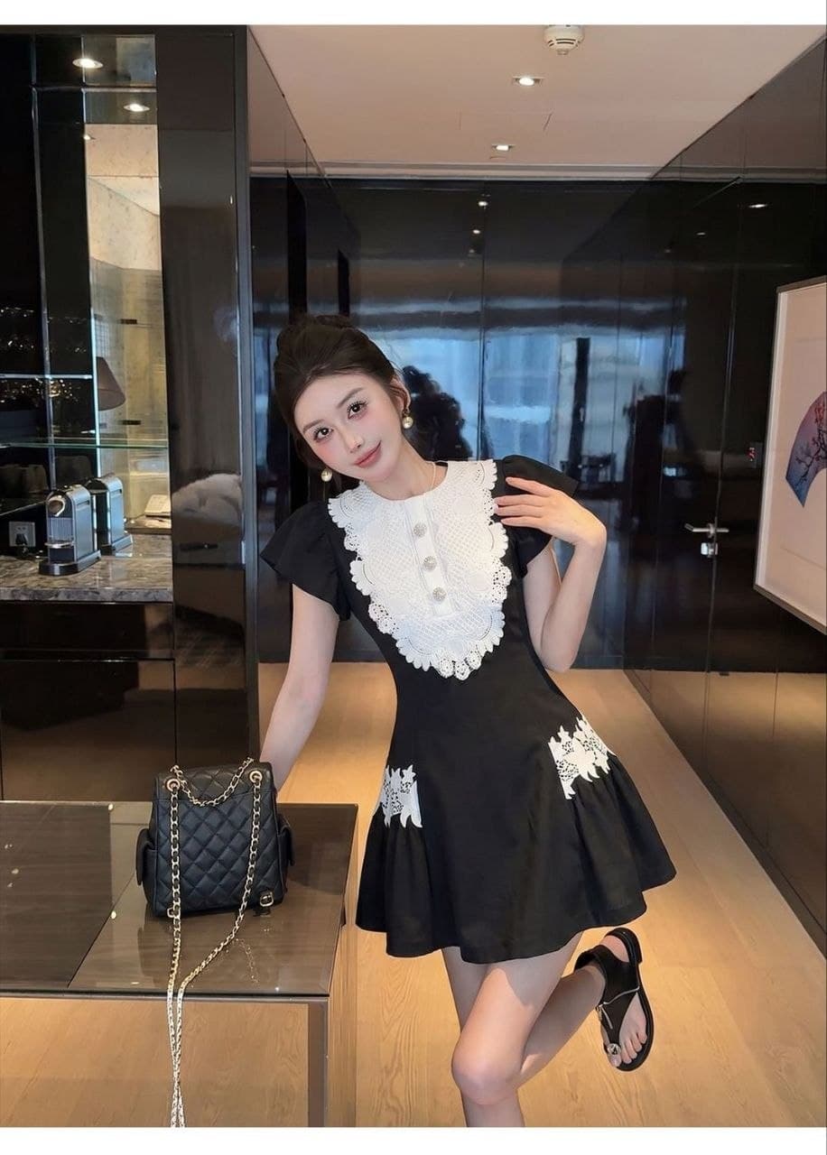 Dress Renda French Style Wanita | Mini Dress High Waist Aksen Diamond | Korean Classy Elegan