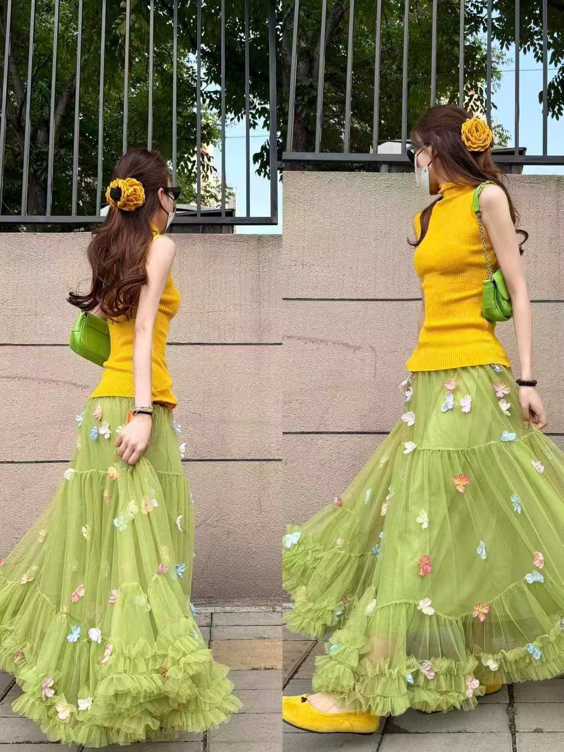 Rok Panjang Tulle Hijau Wanita | Rok High Waist Layered Ruffle Floral | Rok A-Line Korean Style Elegan