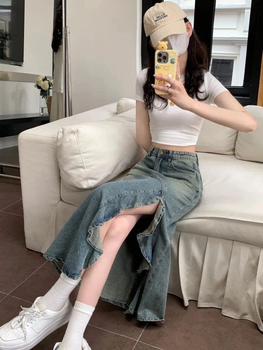 Rok Midi Denim Wanita High Waist Model Mermaid Belahan Samping Body Fit Slim Fit