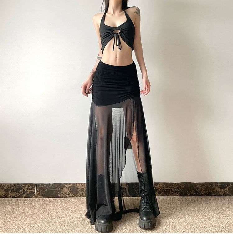 Rok Panjang Mesh Wanita Vintage | Rok High Waist Ruched Belahan Samping | Korean Chic Style Elegan