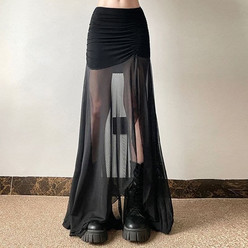 Rok Panjang Mesh Wanita Vintage | Rok High Waist Ruched Belahan Samping | Korean Chic Style Elegan