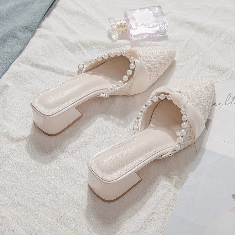 Sandal Heels Mules Wanita Mutiara | Mary Jane Pointed Toe French Style | Sepatu Slip On Elegan Kekinian