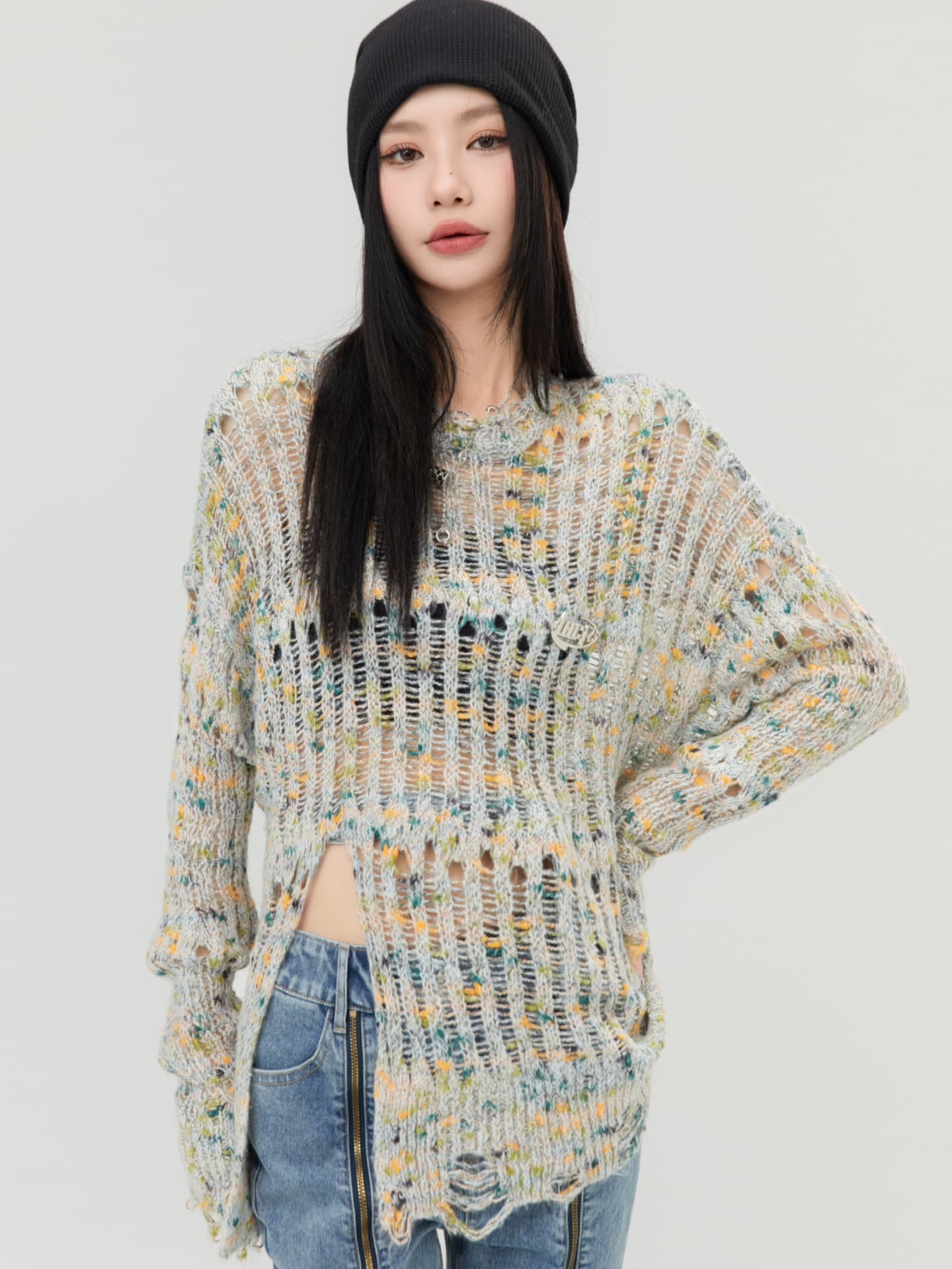 Sweater Rajut Wanita Oversize | Knit Top Cut Out Lengan Panjang | Sweater Korean Style Casual Chic