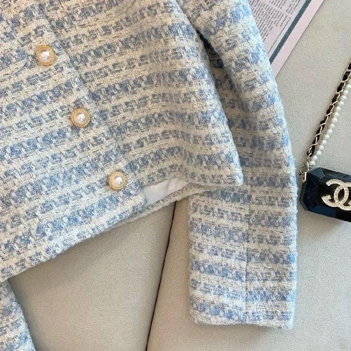 Jaket Tweed Wanita Gaya Chanel, Model Terbaru Musim Semi-Gugur, Loose Fit, Kancing Mutiara, Crop & Stylish