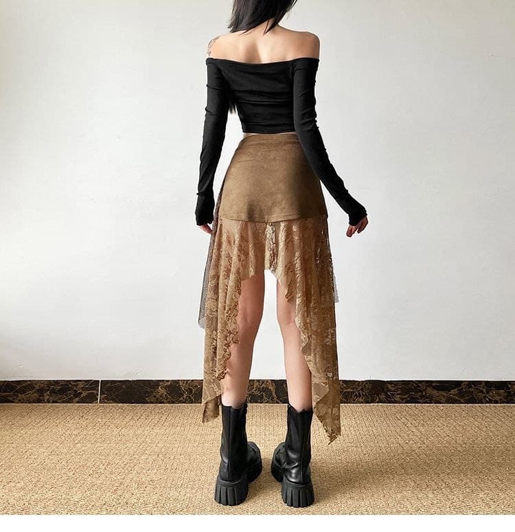 Rok High Waist Renda Vintage Wanita | Rok Asimetris Mermaid Slim Fit | Korean Chic Style Elegan