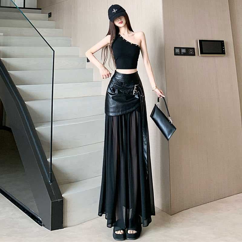 Rok Panjang Hitam Wanita High Waist | Rok A-Line Mesh Patchwork | Rok Korean Style Elegan & Trendy