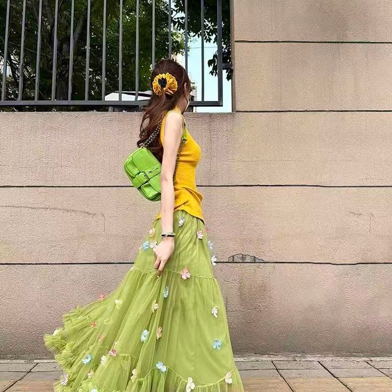Rok Panjang Tulle Hijau Wanita | Rok High Waist Layered Ruffle Floral | Rok A-Line Korean Style Elegan