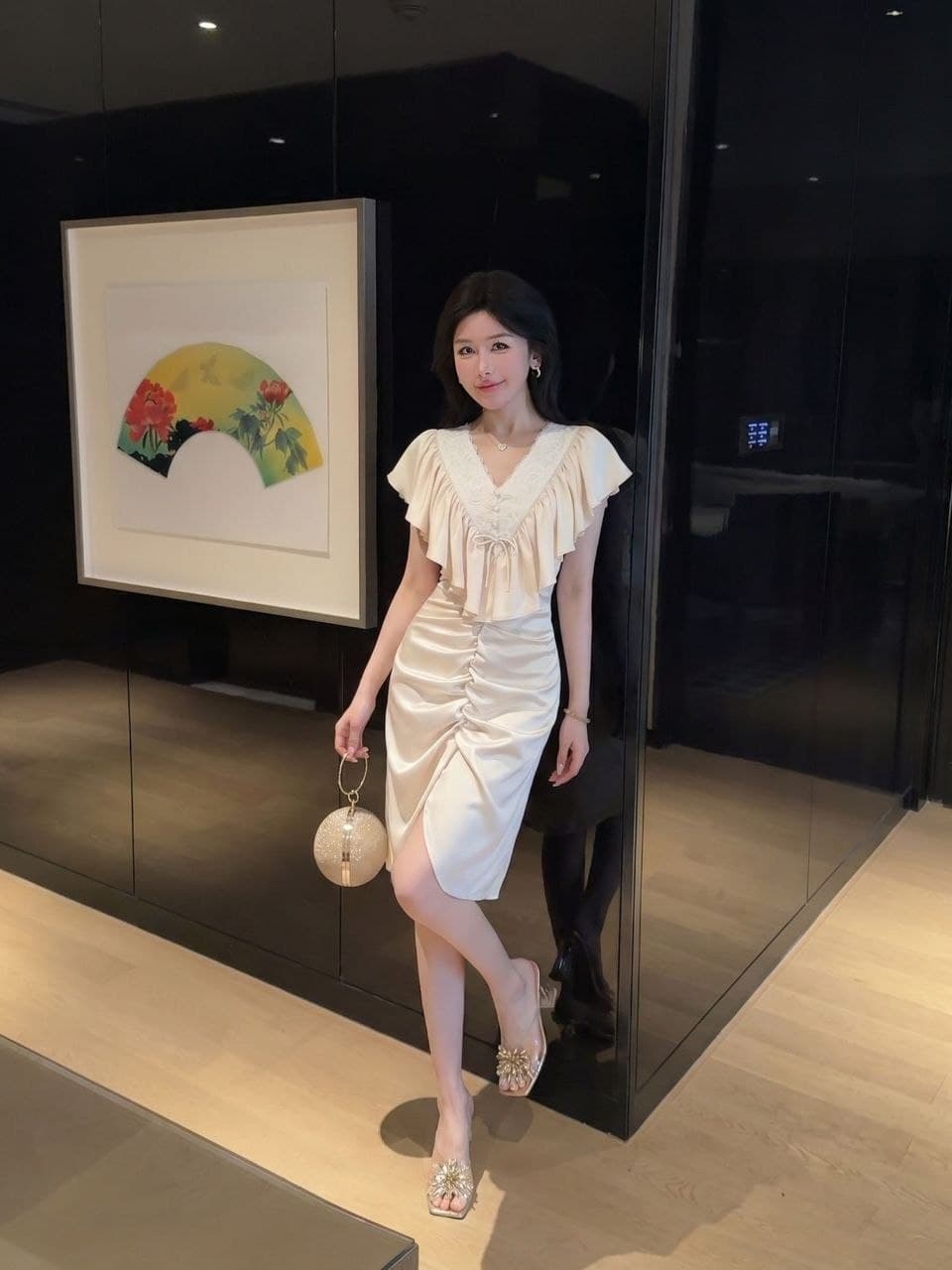 Dress V-Neck French Style | Dress Ruffle High Waist Elegan | Dress Viral Ala Anna MEOVV