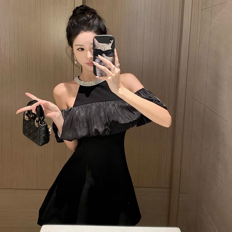 Dress Hitam Halter Off Shoulder Wanita | Mini Dress French Style Slim Fit | Dress Elegan Premium Kekinian