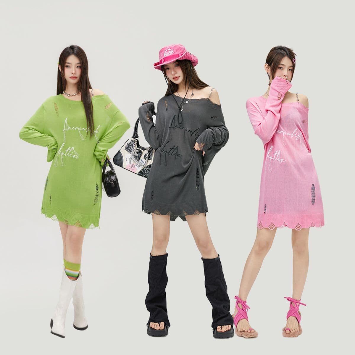 Dress Rajut Oversize Wanita Off Shoulder | Knit Dress Rantai Lepas Pasang | Sweater Dress Korean Style Kekinian