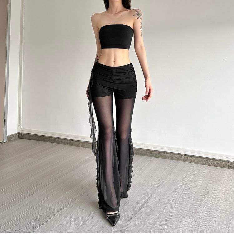 Celana Mesh Ruffle Wanita High Waist | Celana Panjang Ruched Slim Fit | Korean Chic Style Kekinian