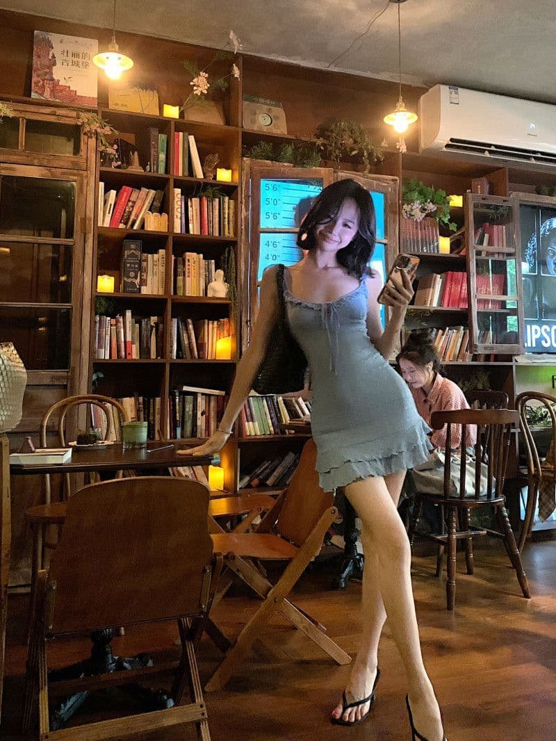Dress Mini Biru Wanita Slim Fit | Bodycon Dress Tali Spaghetti Ruffle | Dress Pendek Korean Style Sexy & Cute