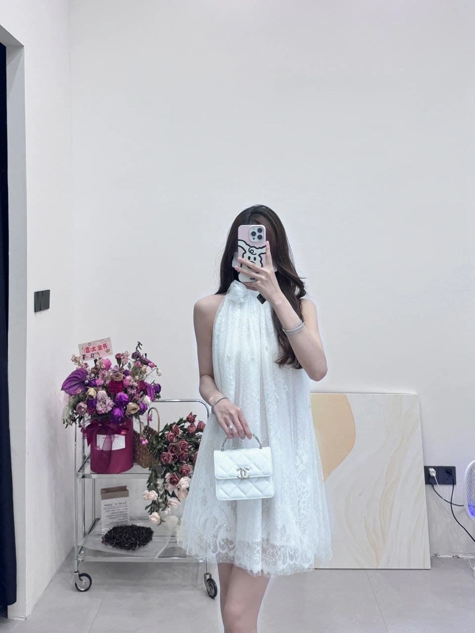 Dress Mini Wanita Gaya Prancis, Motif Camellia, Renda, Halter Tanpa Lengan, A-Line, Tulle, Manis & Elegan