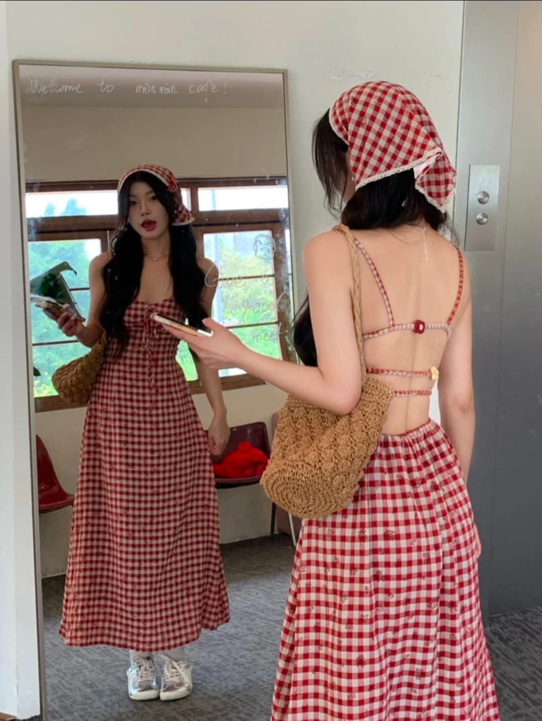 Dress Panjang Kotak-Kotak Merah Wanita | Dress Tali Backless French Style + Headscarf | Maxi Dress Liburan Elegan