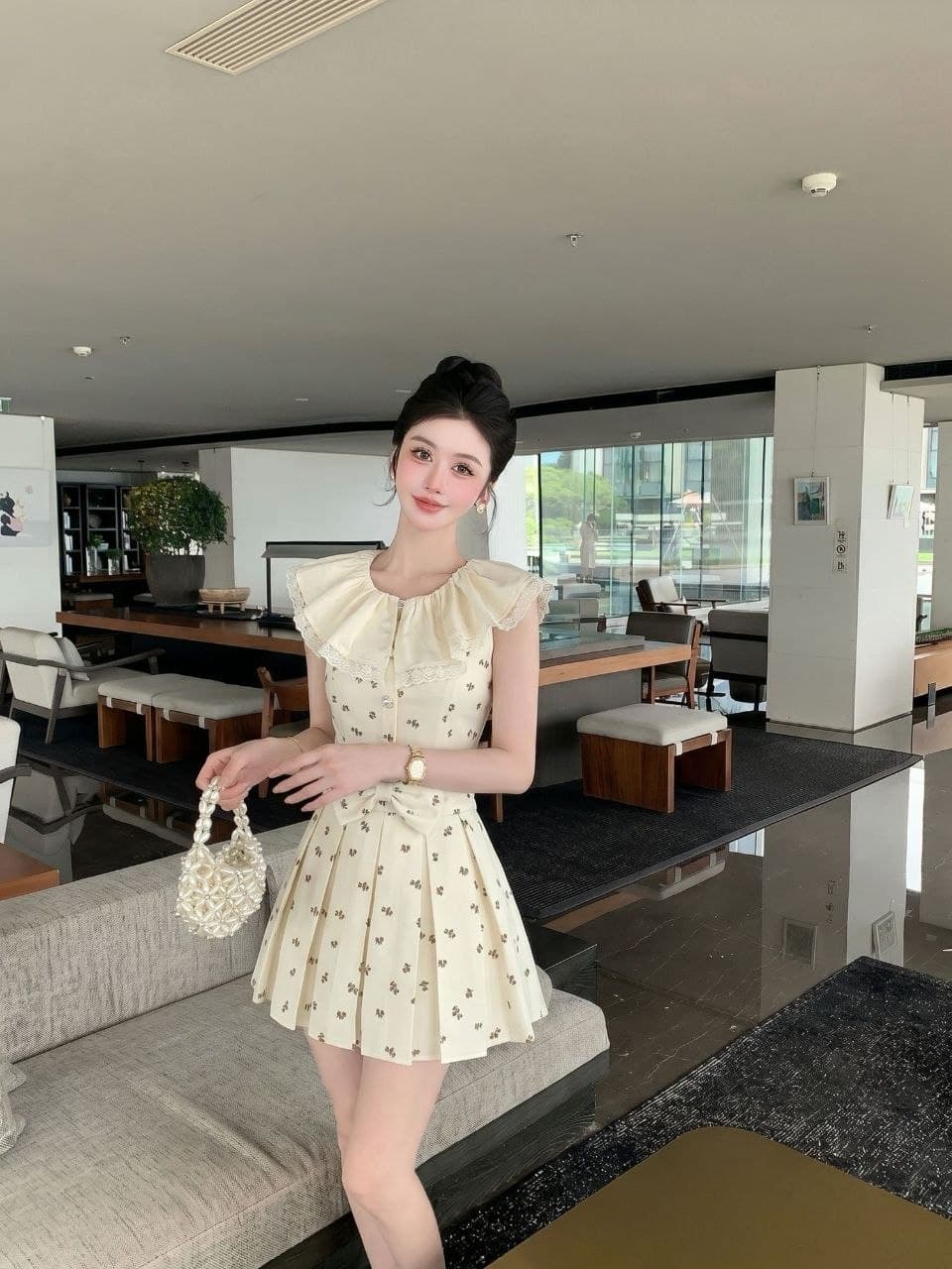 Dress Floral Renda Wanita French Style | Mini Dress Pita High Waist Pleated | Dress Korean Sweet Girl