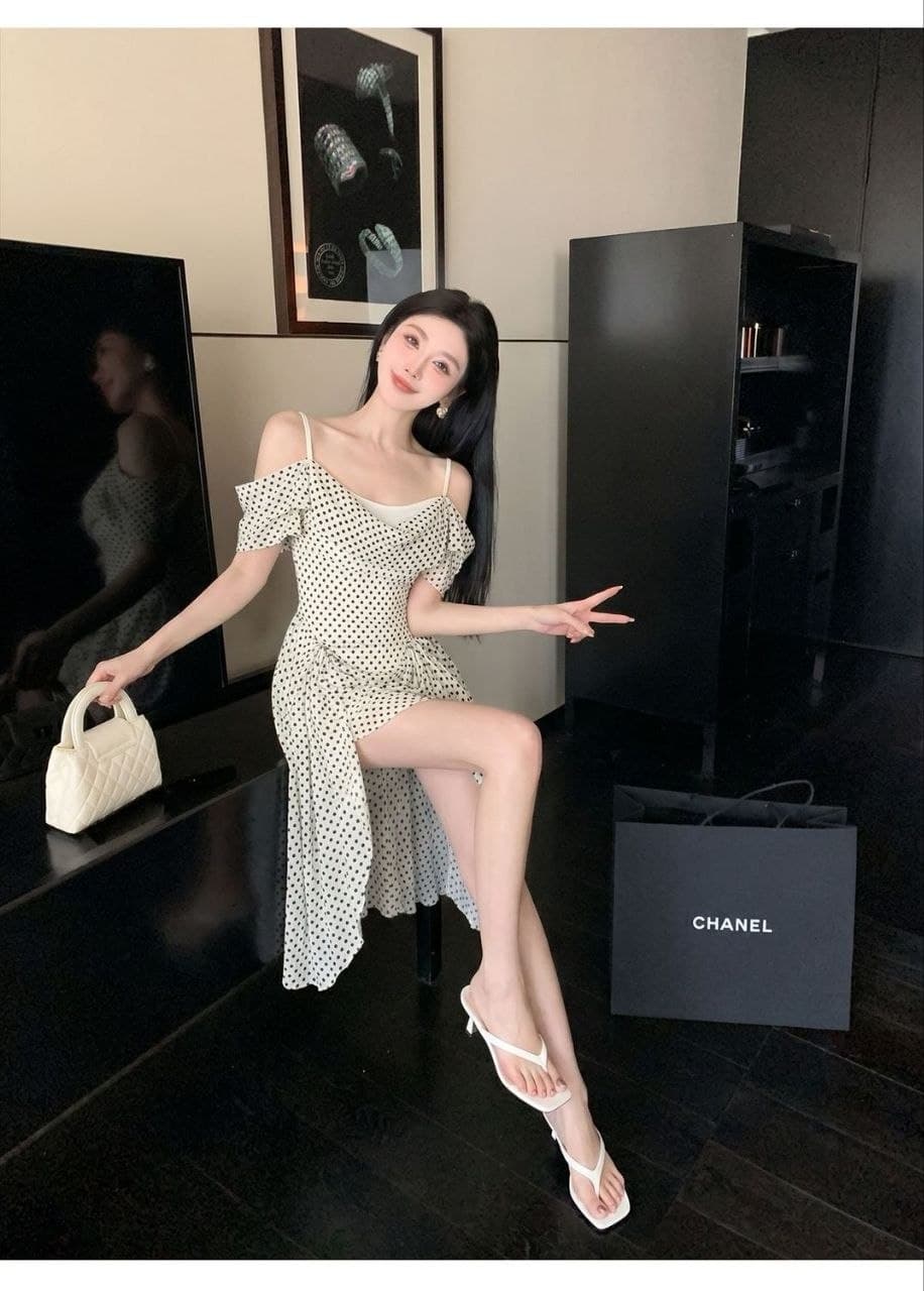 Dress Polkadot Sabrina French Style | Mini Dress High Waist Asimetris | Korean Chic Elegan