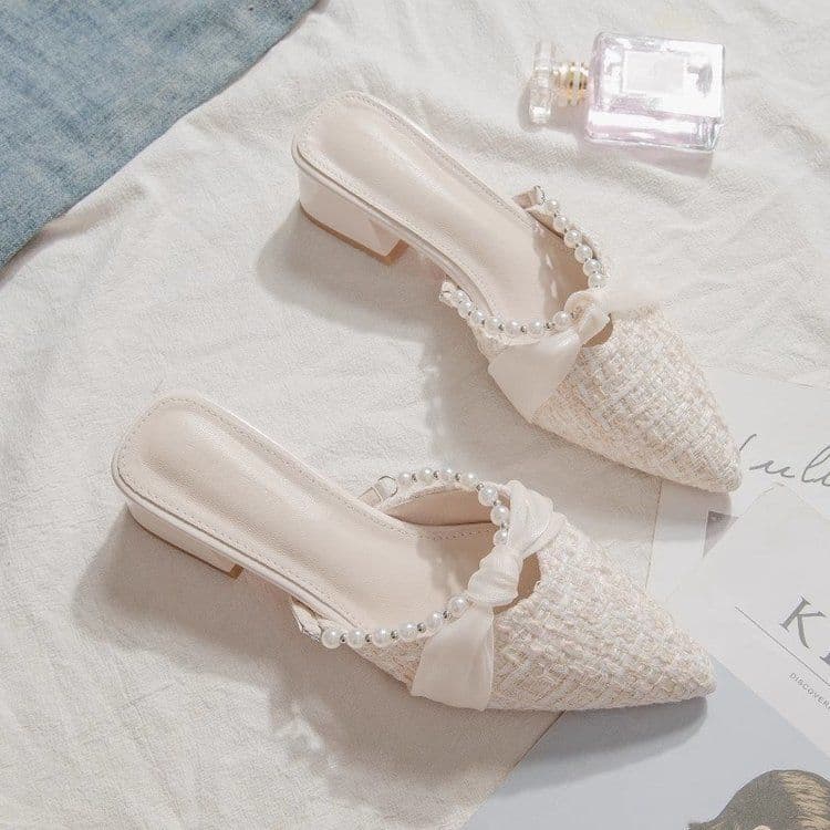 Sandal Heels Mules Wanita Mutiara | Mary Jane Pointed Toe French Style | Sepatu Slip On Elegan Kekinian