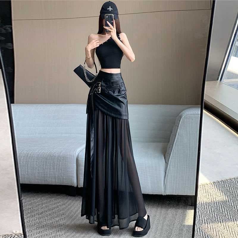 Rok Panjang Hitam Wanita High Waist | Rok A-Line Mesh Patchwork | Rok Korean Style Elegan & Trendy