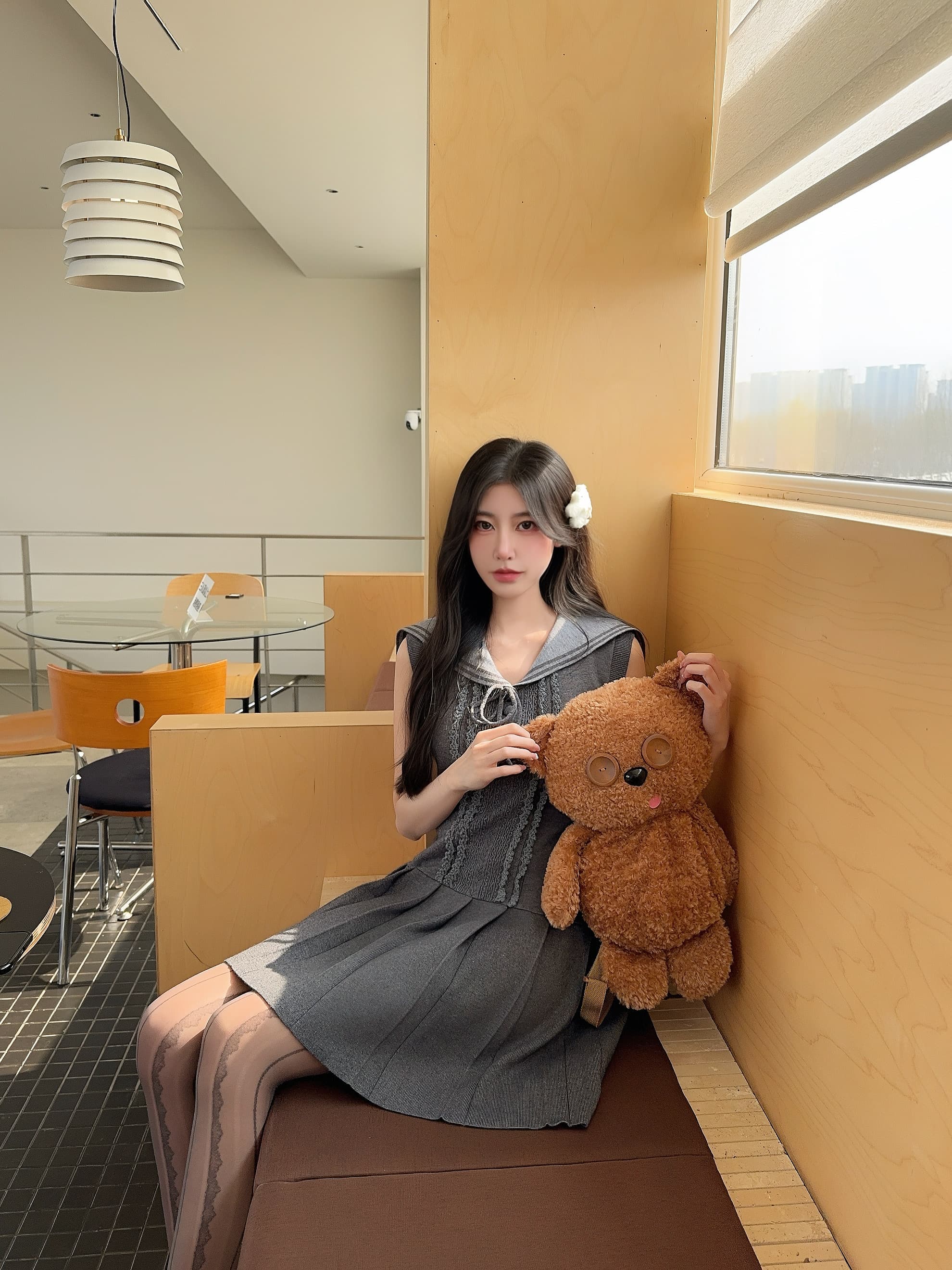Dress Abu-Abu Pita Wanita Korean Style | Mini Dress Sweet School Look | Dress Feminim Elegan Kekinian