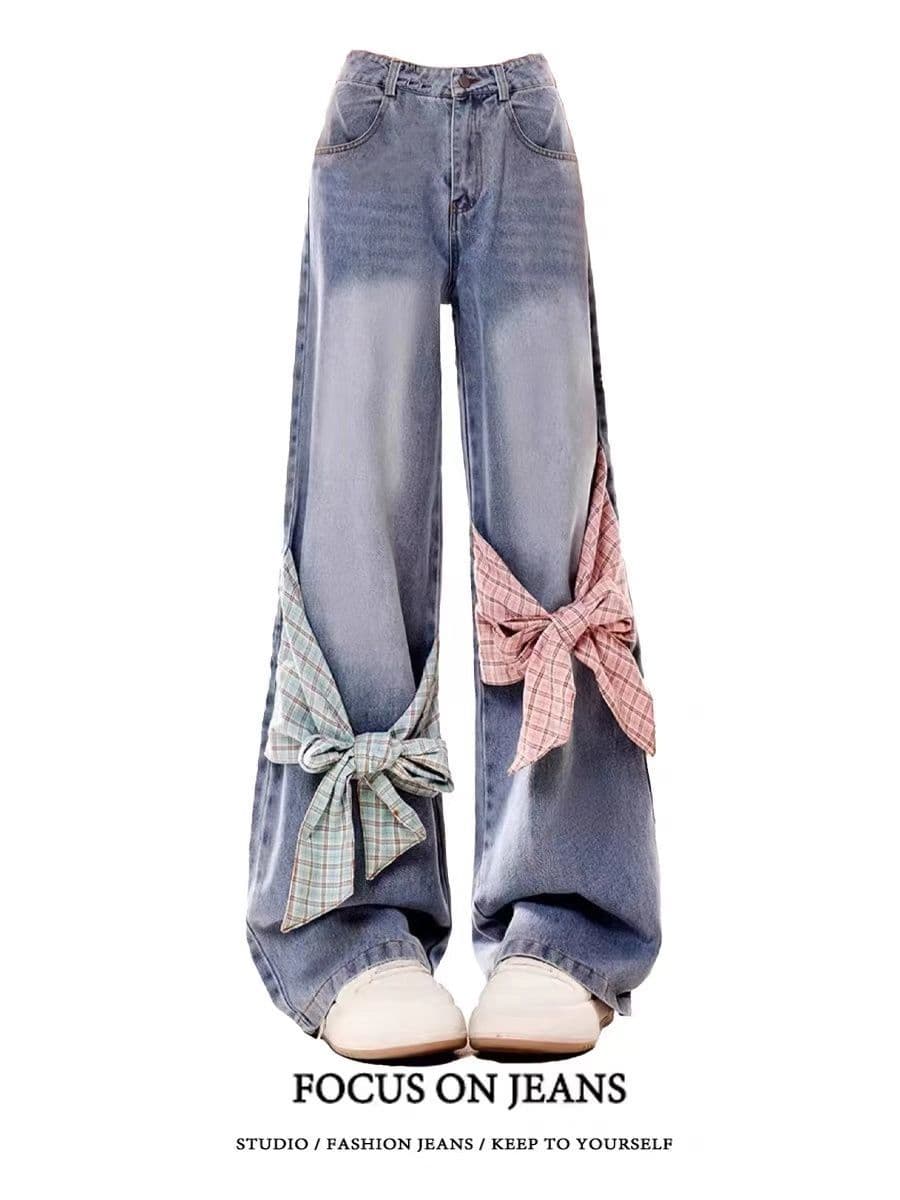 Celana Jeans Wide Leg Wanita Jumbo | Denim Kotak-Kotak Vintage dengan Pita | Celana Baggy High Waist Plus Size