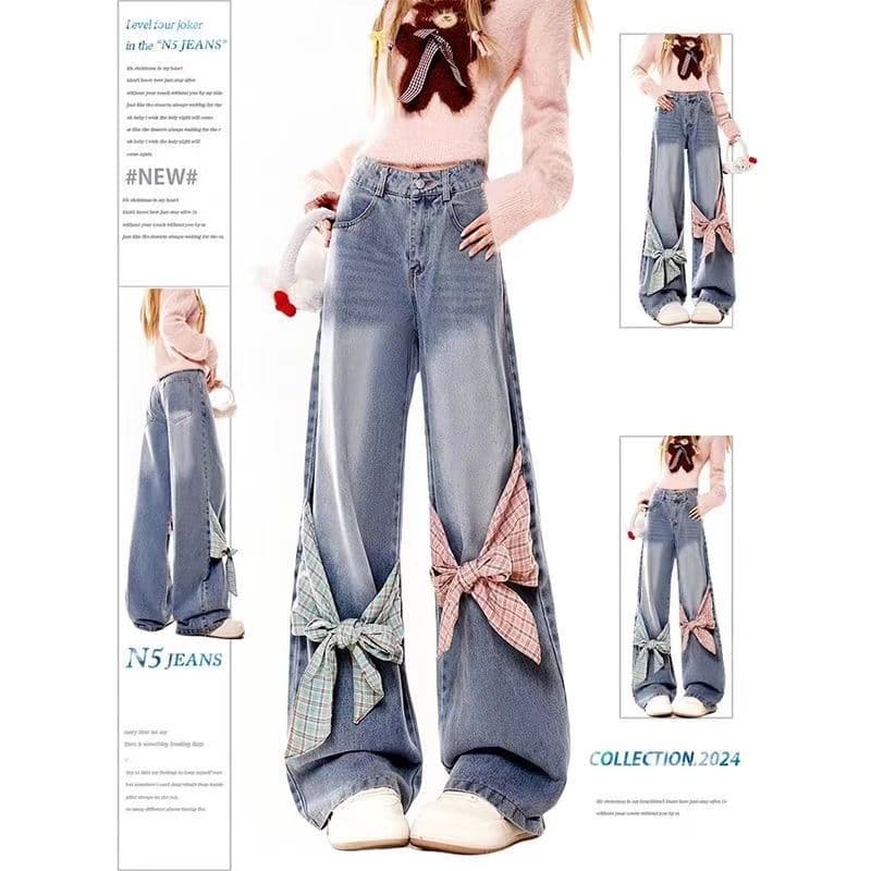 Celana Jeans Wide Leg Wanita Jumbo | Denim Kotak-Kotak Vintage dengan Pita | Celana Baggy High Waist Plus Size