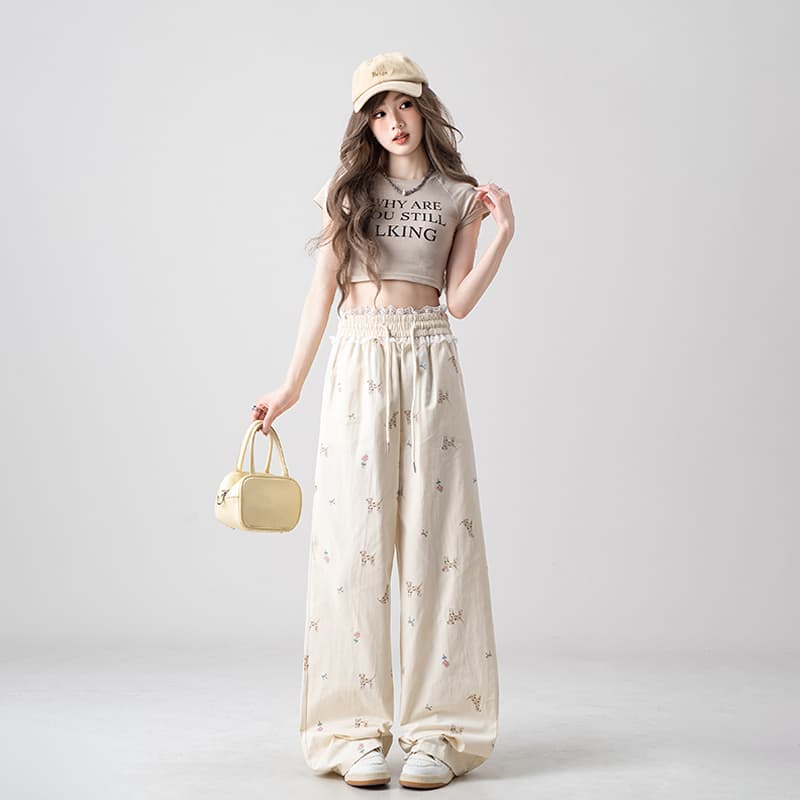 Celana Wide Leg Wanita Motif Anjing | Celana Loose Fit Renda Patchwork | Celana Casual Korean Style Kekinian