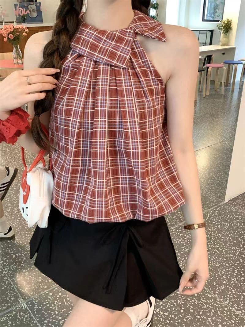 Blouse Kotak-Kotak Wanita French Style | Atasan Tanpa Lengan Kerah Kemeja | Top Bubble Hem Korean Fashion