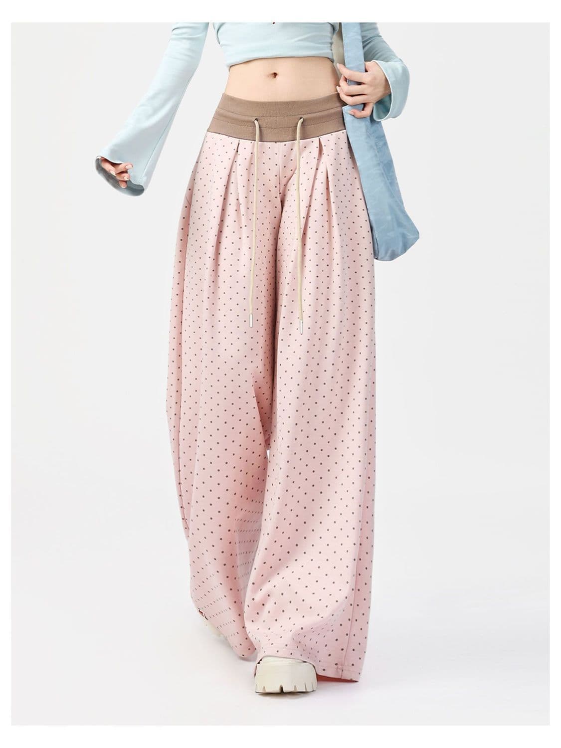 Celana Wide Leg Polkadot Wanita High Waist | Celana Panjang Serut Loose Fit Vintage | Korean Style Kekinian