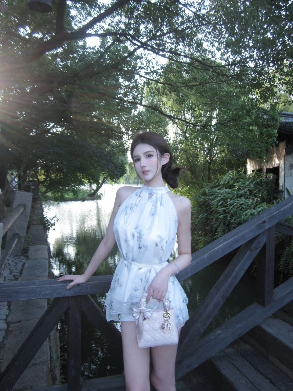 Dress A-Line New Chinese Style Wanita | Dress Halter Motif Kupu-Kupu Gold | Sleeveless Elegant Chic
