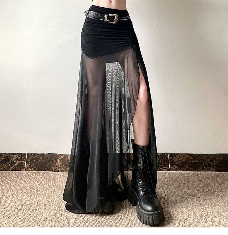 Rok Panjang Mesh Wanita Vintage | Rok High Waist Ruched Belahan Samping | Korean Chic Style Elegan