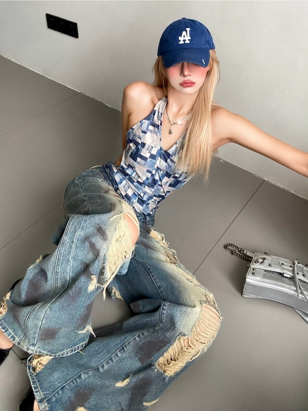 Celana Jeans Wide Leg Wanita High Waist | Denim Vintage Distressed Panjang | Celana Baggy Korean Style