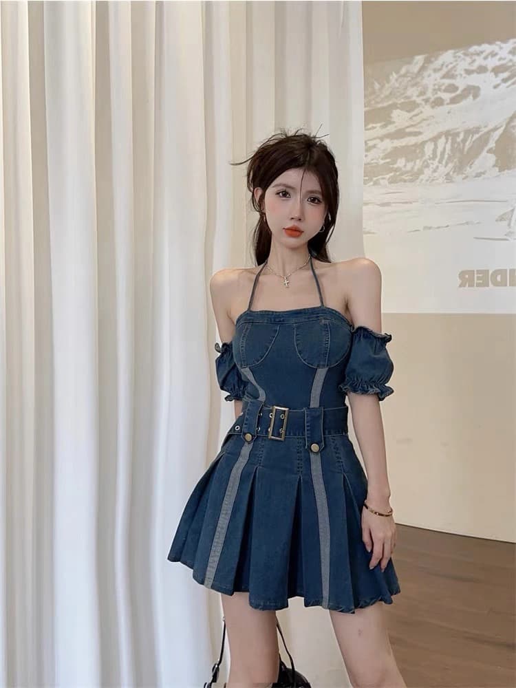 Dress Denim Sabrina Wanita | Mini Dress Puff Sleeve Slim Fit | Dress Vintage Korean Style Kekinian