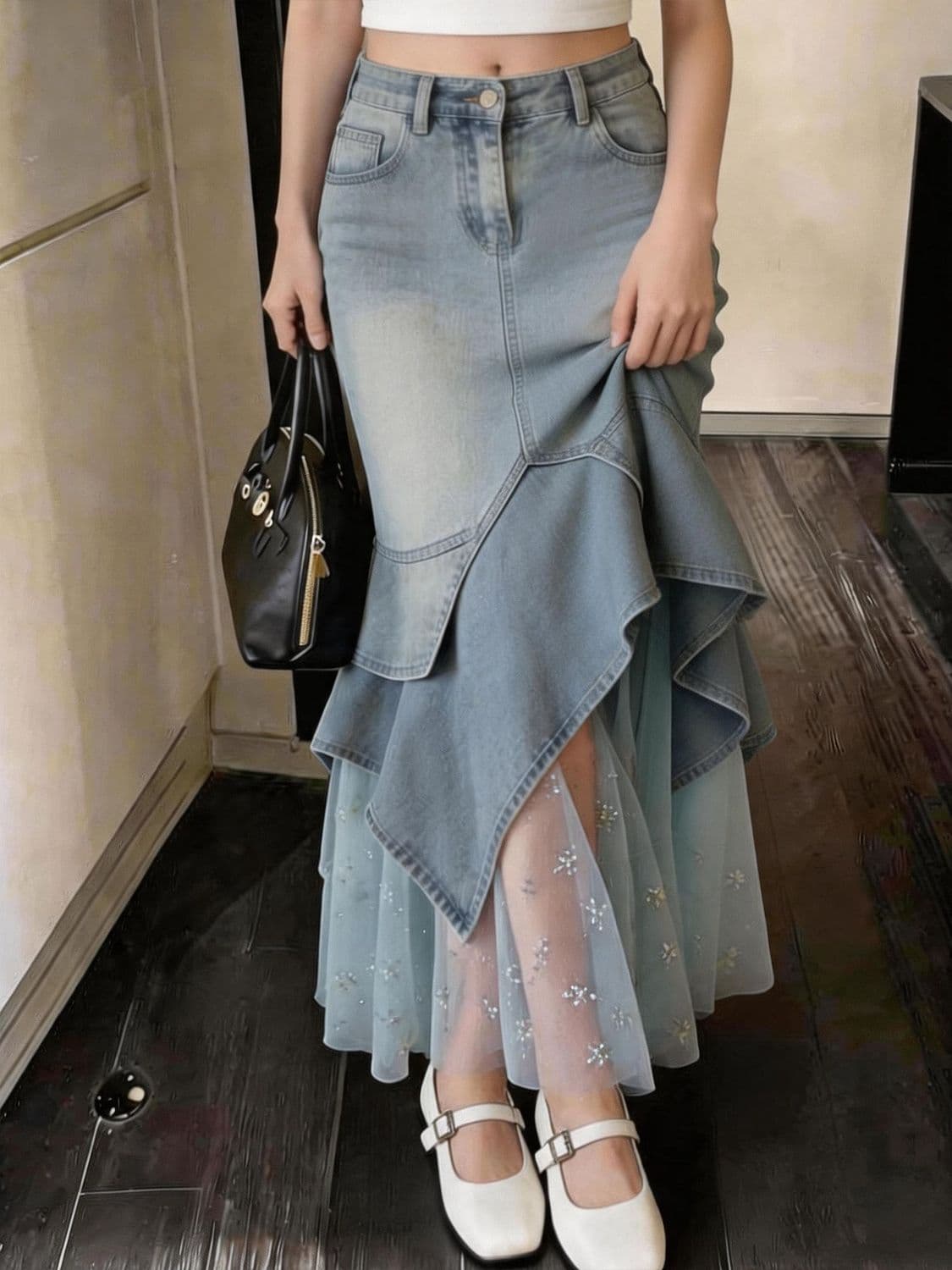 Rok Denim Mermaid Wanita High Waist | Rok Midi Mesh Patchwork Asimetris | Rok Korean Style Elegan