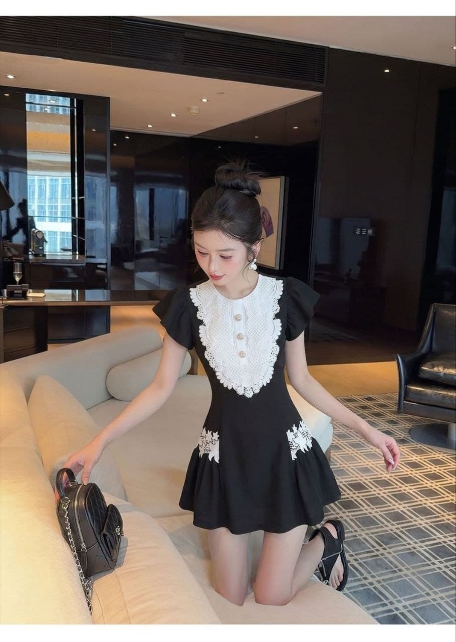 Dress Renda French Style Wanita | Mini Dress High Waist Aksen Diamond | Korean Classy Elegan