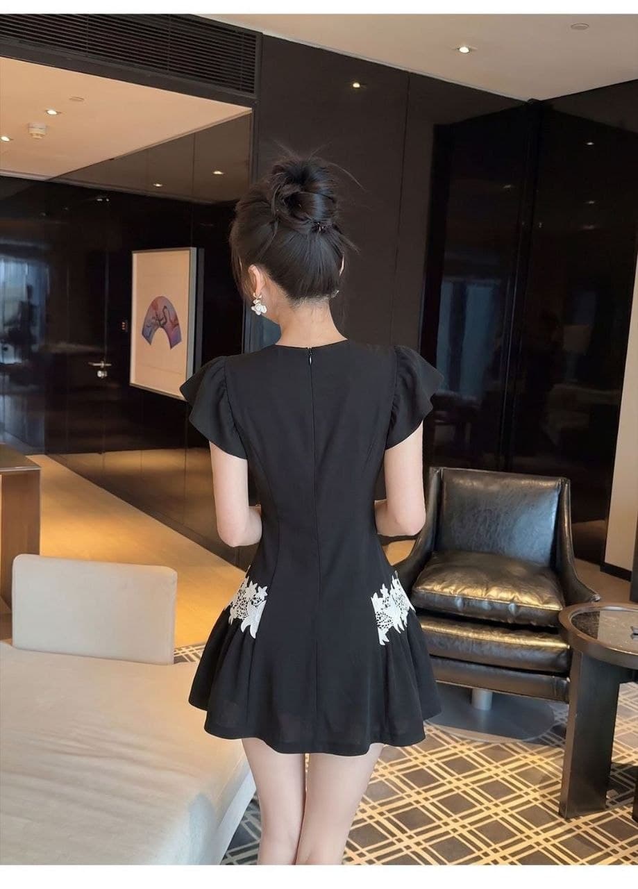 Dress Renda French Style Wanita | Mini Dress High Waist Aksen Diamond | Korean Classy Elegan