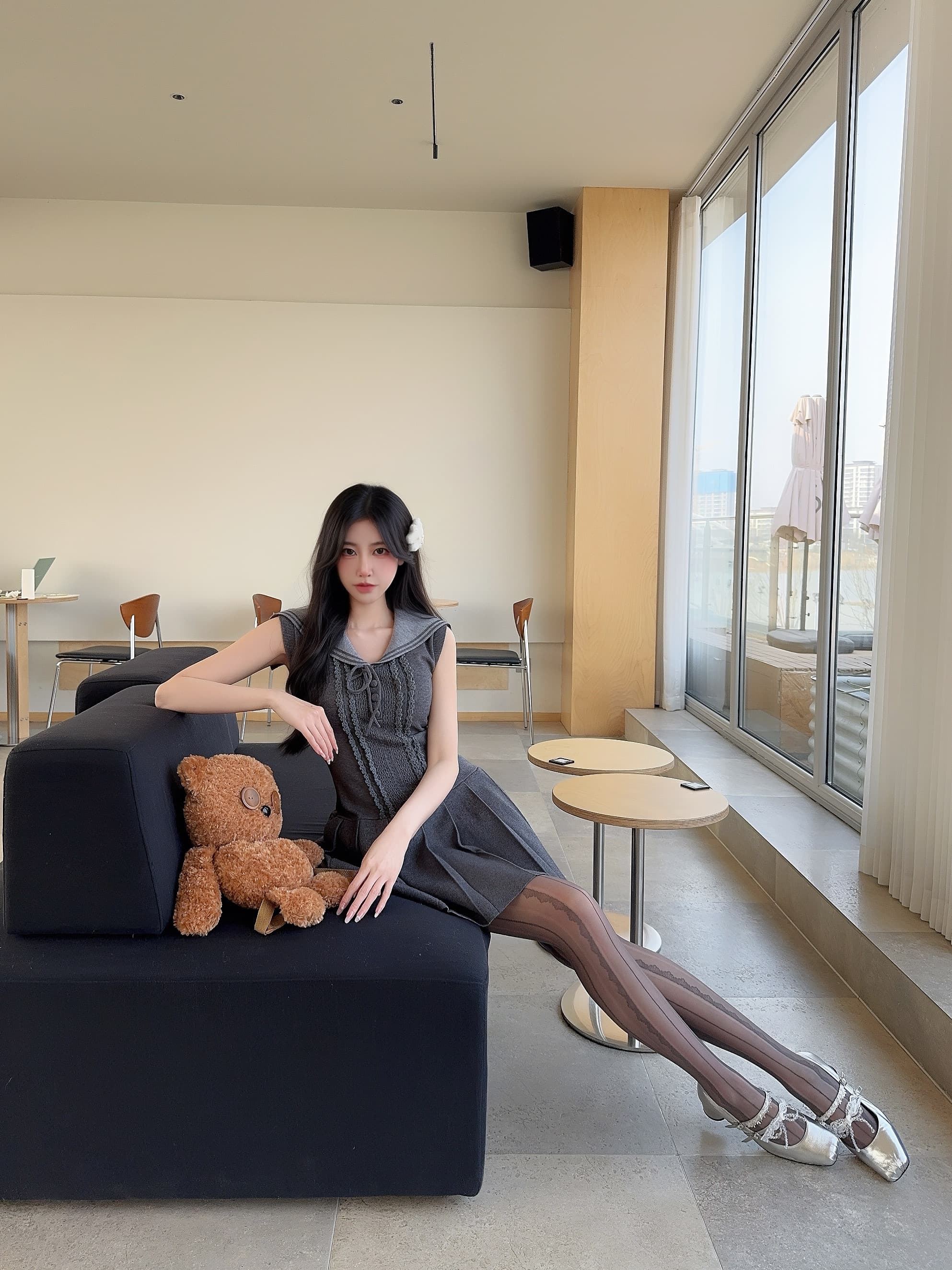 Dress Abu-Abu Pita Wanita Korean Style | Mini Dress Sweet School Look | Dress Feminim Elegan Kekinian