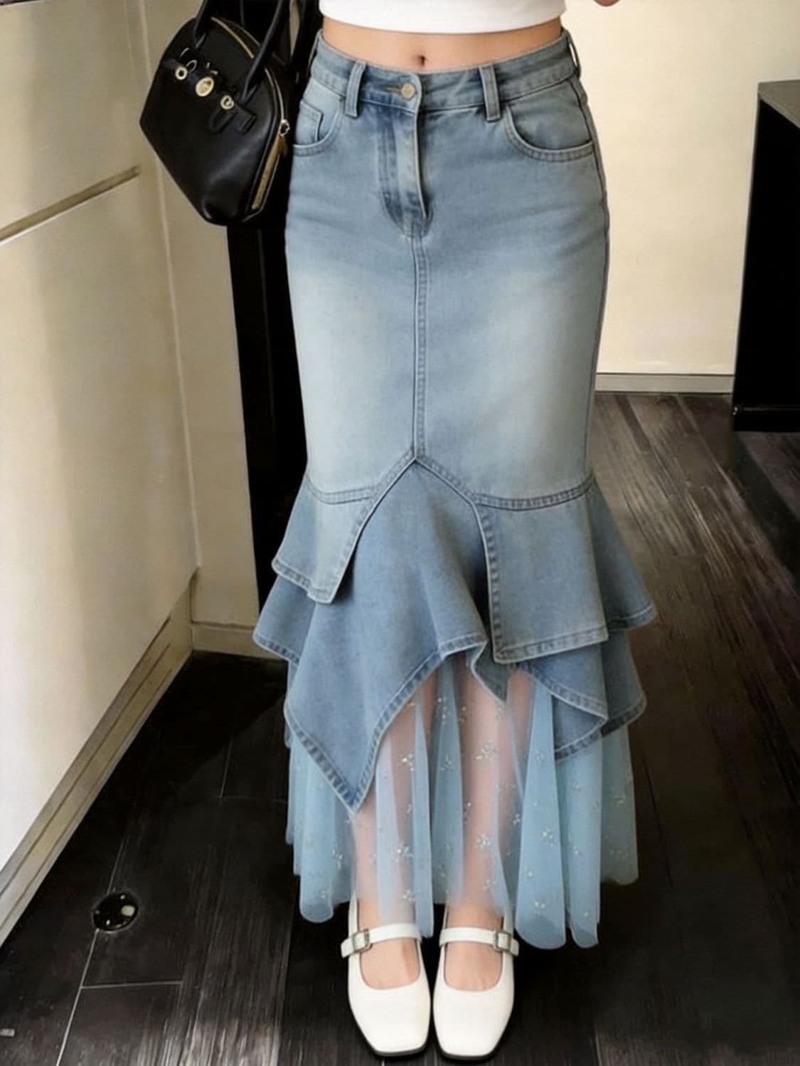 Rok Denim Mermaid Wanita High Waist | Rok Midi Mesh Patchwork Asimetris | Rok Korean Style Elegan